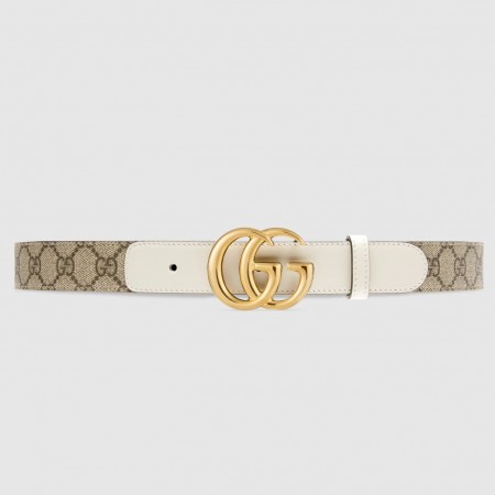 Gucci GG Supreme & White Leahter Belt 30MM with Double G Buckle