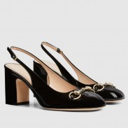 Gucci Horsebit Slingback Pumps 75mm in Black Patent Calfskin