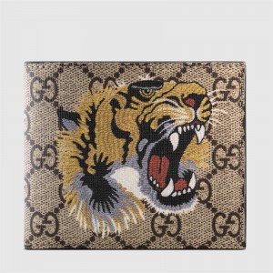 Gucci Bi-fold Wallet In Beige Tiger Print GG Supreme Canvas