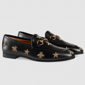 Gucci Women's Jordaan Loafers in Black Leather with Bees and Stars