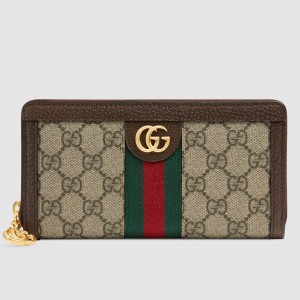 Gucci Ophidia Zip Around Wallet in Beige Canvas with Brown Leather