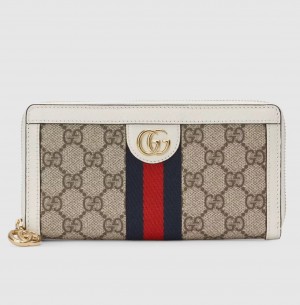 Gucci Ophidia Zip Around Wallet in Beige Canvas with White Leather