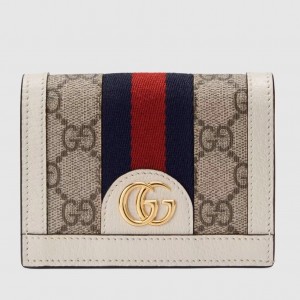 Gucci Ophidia Card Case Wallet in Beige Canvas with White Leather
