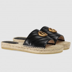 Gucci Espadrilles Slides in Black Matelasse Leather with Double G