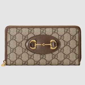 Gucci Horsebit 1955 Zip Around Wallet in GG Supreme with Brown Leaher