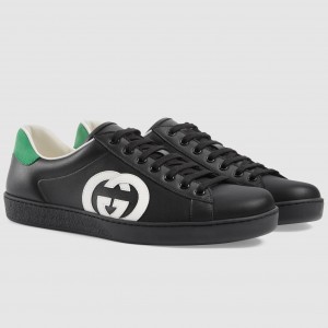 Gucci Men's Ace Sneakers in Black Leather with White Interlocking G