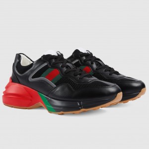 Gucci Men's Rhyton Sneakers in Black Leather Effect Fabric