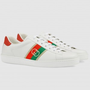 Gucci Men's Ace Sneakers in White Leather with Web Interlocking G