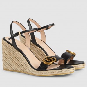 Gucci Espadrille Wedge Sandals In Black Leather