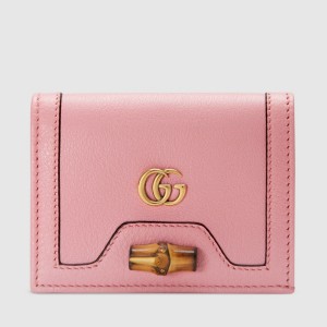 Gucci Diana Card Case Wallet In Pink Calfskin