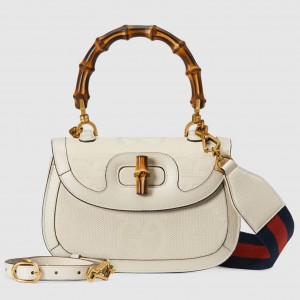 Gucci Bamboo 1947 Small Top Handle Bag in White Jumbo GG Canvas