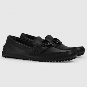 Gucci Men's Drive Loafers in Black Leather with Interlocking G