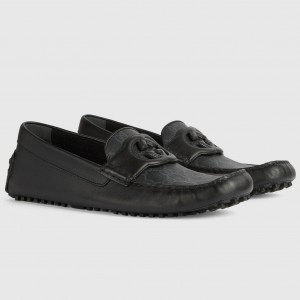 Gucci Men's Drive Loafers in Black Leather and GG Supreme Canvas