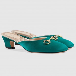 Gucci Horsebit Mules in Green Satin with Crystals