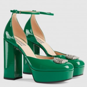 Gucci Platform Pumps in Green Patent Lether with Crystals G