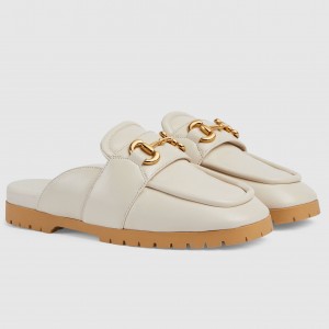 Gucci Women's Loafer Slippers in White Leather with Horsebit