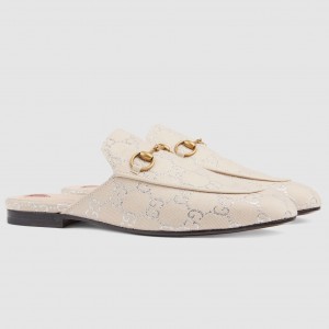 Gucci Women's Princetown Slippers in White GG Lame Fabric