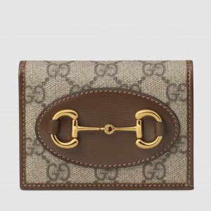 Gucci Horsebit 1955 Card Case Wallet in GG Supreme with Brown Leaher