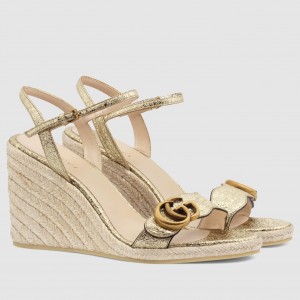 Gucci Espadrille Wedge Sandals In Gold Metallic Leather