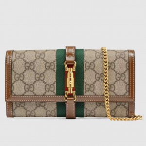 Gucci Jackie 1961 Chain Wallet in GG Canvas with Brown Leather
