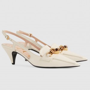 Gucci Slingback Pumps in White Leather with Bamboo Horsebit