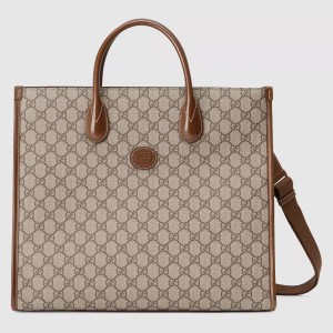Gucci Medium Tote Bag in Beige GG Supreme Canvas with Brown Leather