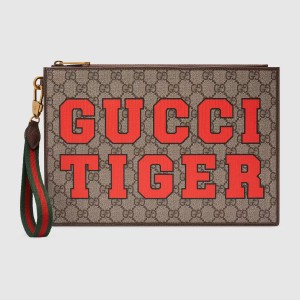 Gucci Portfolio Pouch in GG Supreme with Tiger Letter