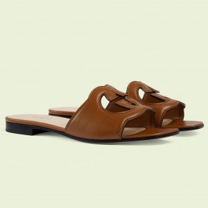 Gucci Interlocking G Cut-out Slide Sandals in Brown Leather