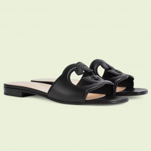 Gucci Interlocking G Cut-out Slide Sandals in Black Leather
