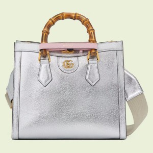 Gucci Diana Small Tote Bag in Silver Calfskin