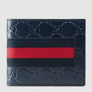 Gucci Bi-fold Wallet In Blue Signature Leather with Web