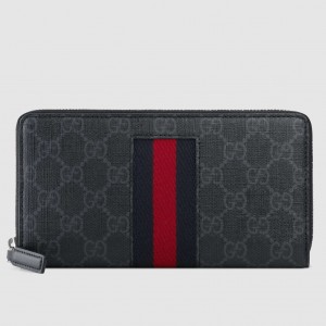 Gucci Zip Around Wallet in Black GG Supreme Canvas with Web