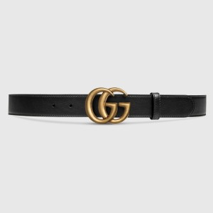 Gucci Black Leather Belt 30MM with Antiqued Brass Double G Buckle