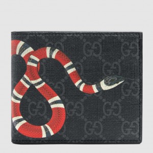 Gucci Bi-fold Wallet In Black Kingsnake Print GG Supreme Canvas