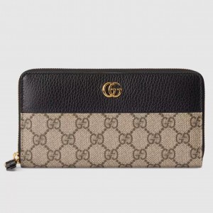 Gucci GG Marmont Zip Around Wallet in GG Supreme with Black Leather