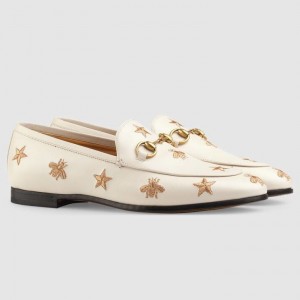 Gucci Women's Jordaan Loafers in White Leather with Bees and Stars