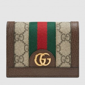 Gucci Ophidia Card Case Wallet in Beige Canvas with Brown Leather