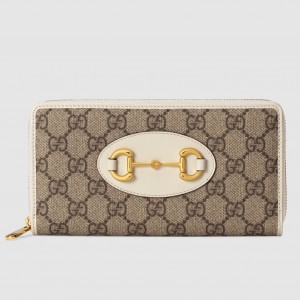 Gucci Horsebit 1955 Zip Around Wallet in GG Supreme with White Leaher