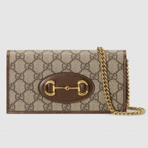Gucci Horsebit 1955 Chain Wallet in GG Supreme with Brown Leather
