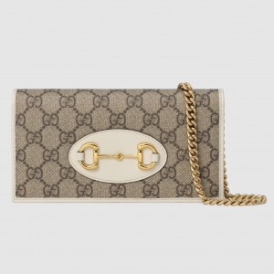 Gucci Horsebit 1955 Chain Wallet in GG Supreme with White Leather
