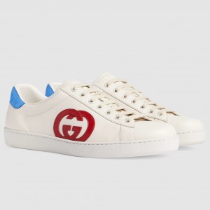Gucci Men's Ace Sneakers in White Leather with Red Interlocking G