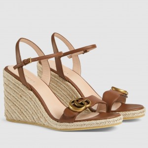 Gucci Espadrille Wedge Sandals In Brown Leather