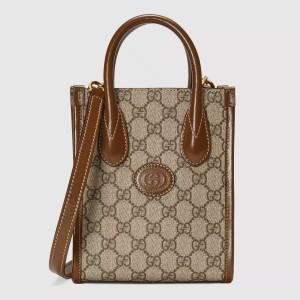 Gucci Mini Tote Bag in Beige GG Supreme Canvas with Brown Leather