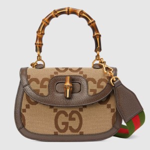 Gucci Bamboo 1947 Small Top Handle Bag in Camel Jumbo GG Canvas