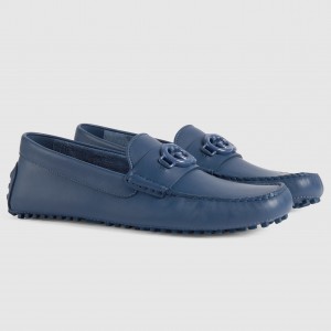 Gucci Men's Drive Loafers in Blue Leather with Interlocking G