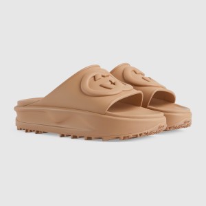 Gucci Slide Sandals in Beige Rubber with Interlocking G