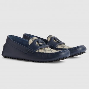 Gucci Men's Drive Loafers in Blue Leather and GG Supreme Canvas