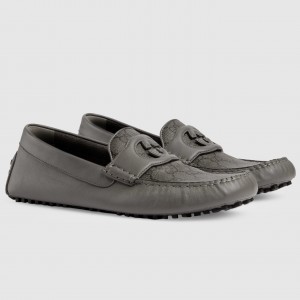 Gucci Men's Drive Loafers in Grey Leather and GG Supreme Canvas