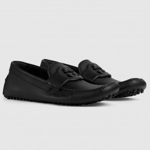 Gucci Men's Drive Loafers in Black Leather with Cut-out Interlocking G