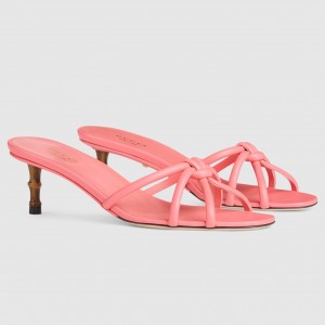 Gucci Slide Sandas in Pink Leather with Bamboo Heel